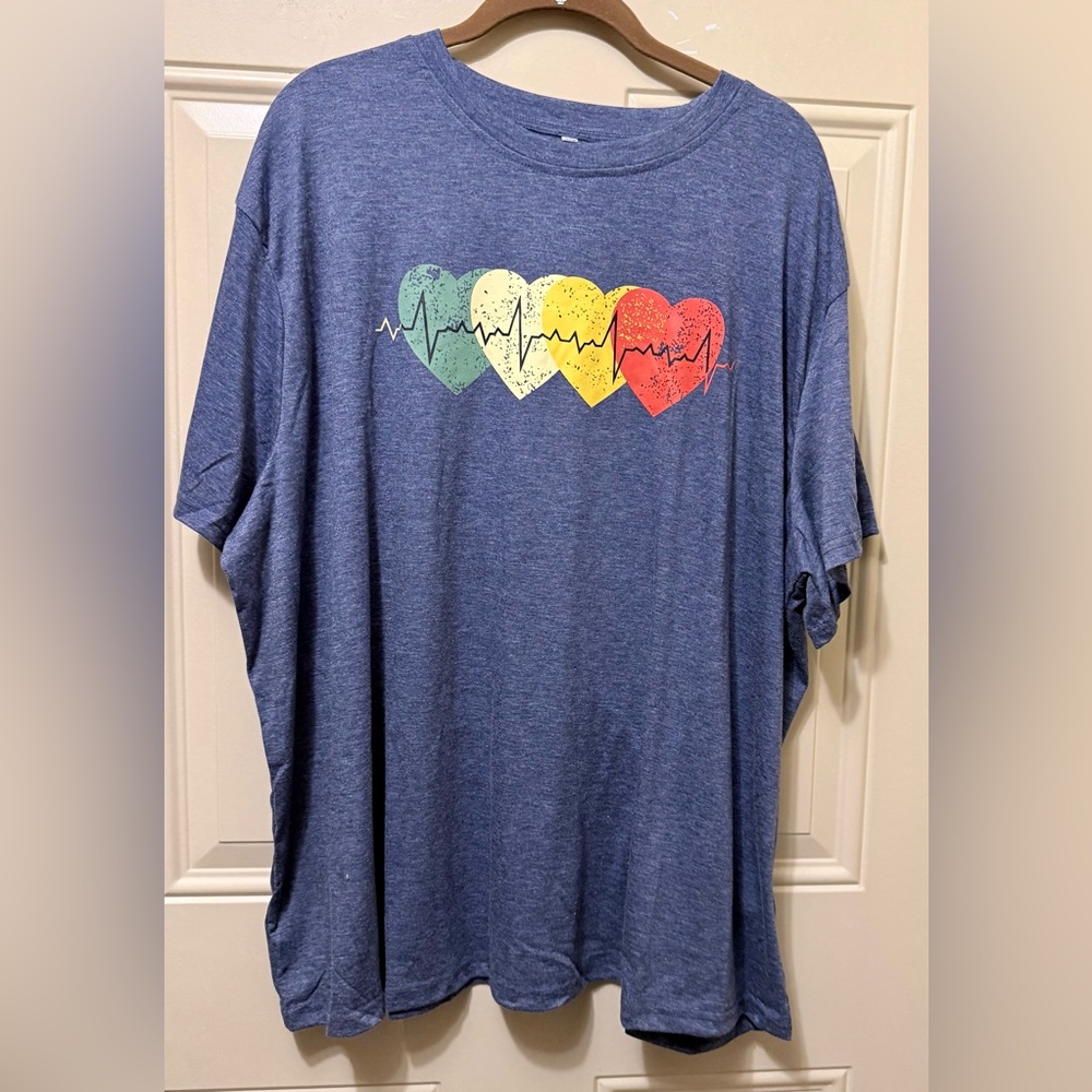 Denim Blue Tee Shirt with Colorful Heart Design Size 5XL